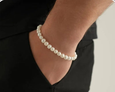 EB-056-Pearl White 6mm Beads Bracelet, Hand Wrapped Band, Unisex Wrist Band, Elasticated, Very Light weight for Boys & Girls